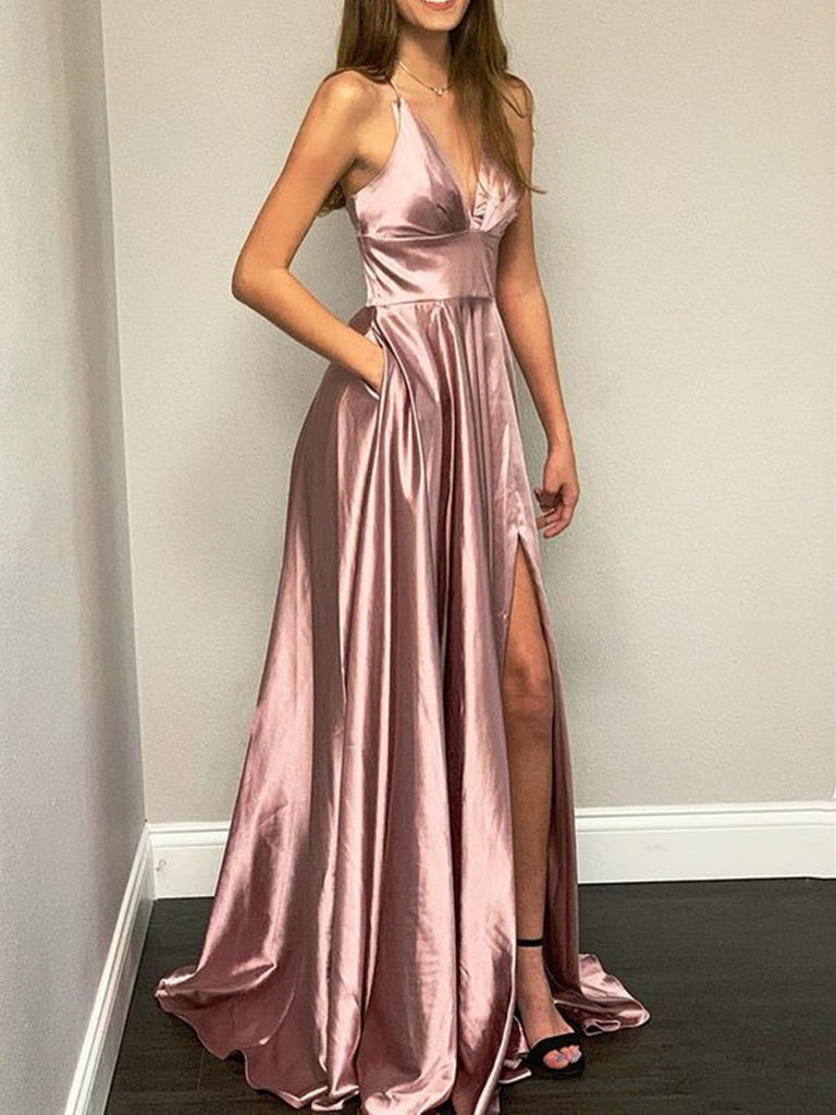 A Line V Neck Rose Gold Prom Dress with ...